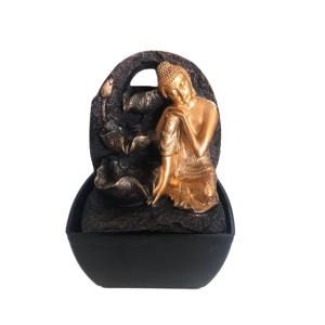 Fonte Buda em Resina Preta e Dourada Com Luz
